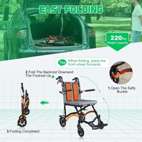 Ultra Lightweight Wheelchairs for Adults 19lbs - Foldable Transport Chair with Safety Belt, Storage Bag & 270° Flip Armrests, 220lbs Capacity, 16" Seat for Travel, Camping, Airplane (Orange) - Image 5