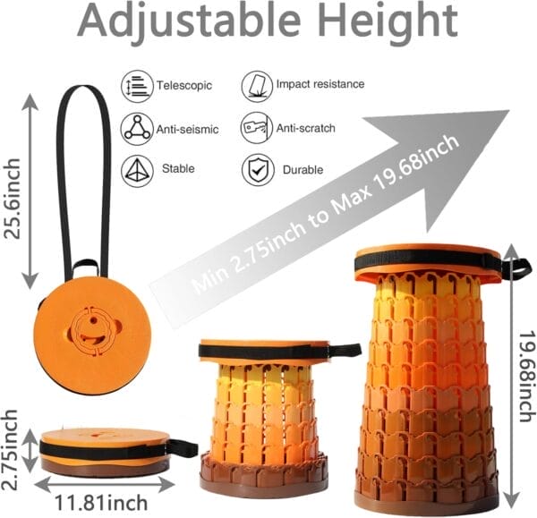 Upgraded XXL Collapsible Stool with Cushion,19.7"H-11.8"D Telescoping Folding Stool for Adults,More Sturdy Portable Camping Stools with Load Capacity 1000lbs for Outdoor,Garden,Fishing,Hiking - Image 2