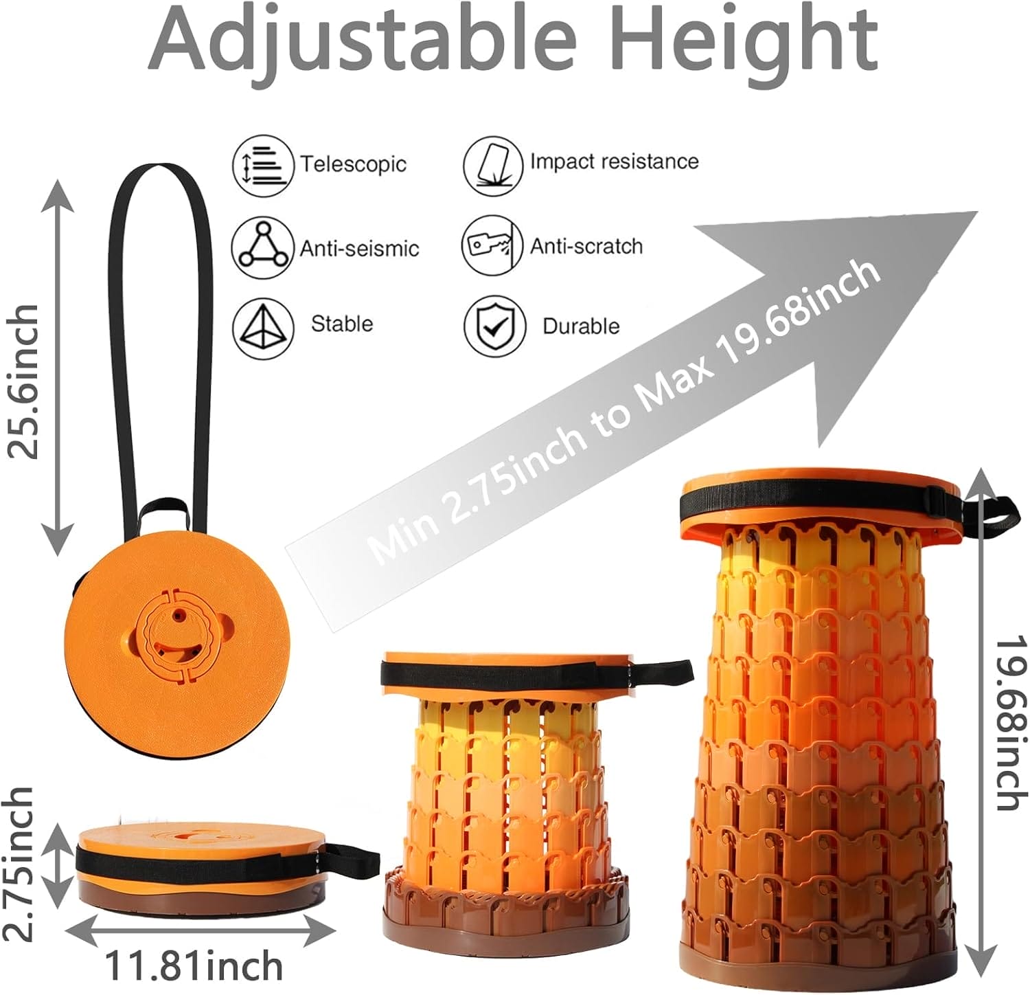 Upgraded XXL Collapsible Stool with Cushion,19.7"H-11.8"D Telescoping Folding Stool for Adults,More Sturdy Portable Camping Stools with Load Capacity 1000lbs for Outdoor,Garden,Fishing,Hiking - Image 2