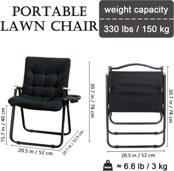 KINGBO 2 Pack Folding Camping Chairs - Portable Camp Chairs with Cushion and Cup Holder, Folding Lawn Chairs for Adults, Heavy Duty Folding Chairs for Outside Camping Hiking Fishing Beach, Black - Image 3