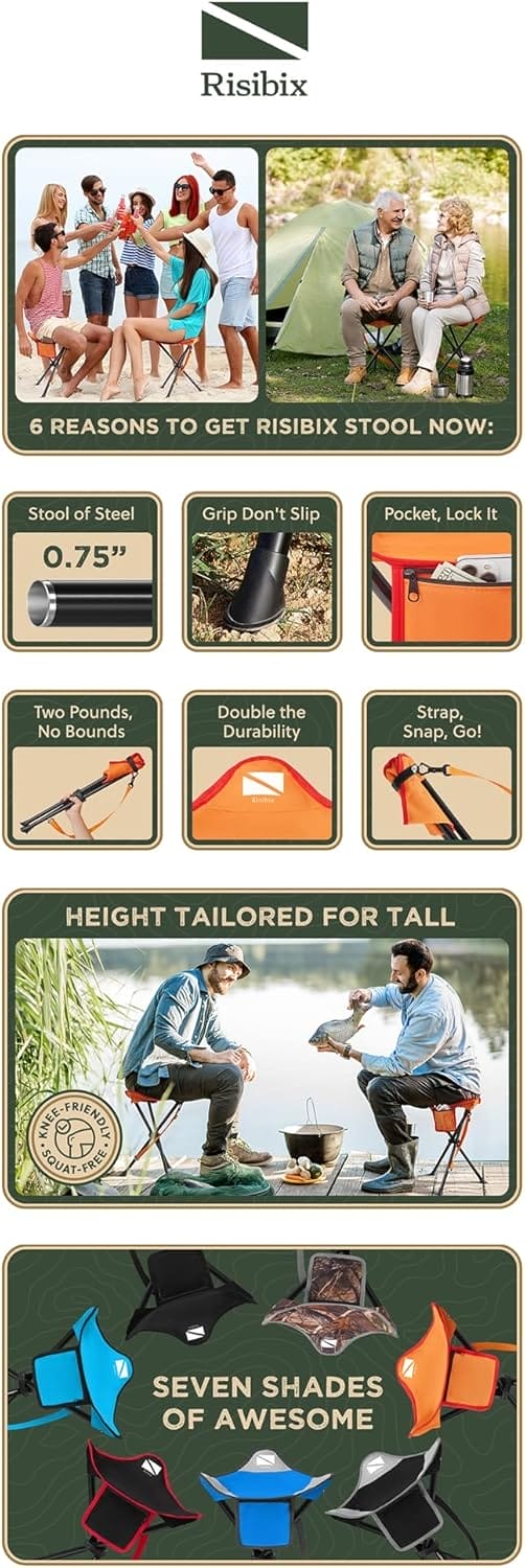 Foldable Tripod Stool - Ultra Portable Seat for Tall People, 20” High - Hunting Chair & Hidden Zippered Pocket - 2 lb Camping Stool, 3 Legged Strong Steel Stool Holds up to 200 lb (Orange) - Image 7