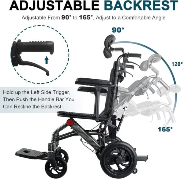 Super Lightweight Reclining Travel Wheelchair, Folding Transit Transport Wheelchairs for Adults and Seniors Support 220lbs, Lightweight Aluminum Wheelchair for Elderly - Image 2