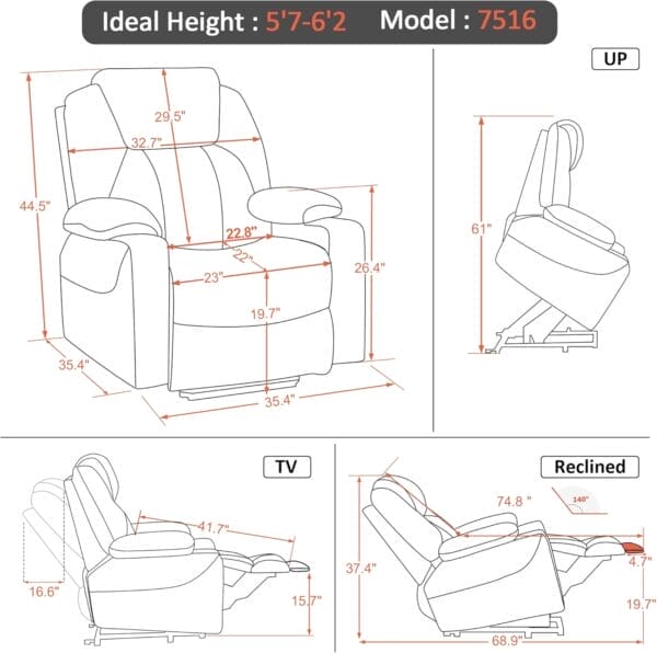 MCombo Large Power Lift Recliner Chair for Elderly, Lift Chair with Heat and Massage for Tall People, Extended Footrest, USB & Type C Ports, Cup Holders, Faux Leather 7516 (Large, Grey) - Image 2