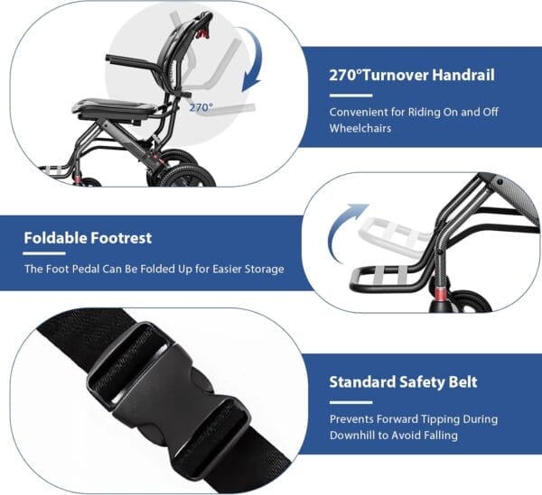 Ultra Lightweight Transport Wheelchair Foldable, Portable Travel Wheelchair for Adults Senior, with Ergonomics Comfortable Seat Cushion, Telescopic Handle for Travel - Image 3