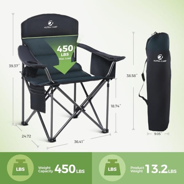 LET'S CAMP Oversized Folding Camping Chair Portable Outdoor Heavy Duty Padded Chairs Lawn Chair with Cup Holder, Storage Pocket and Cooler Bag, Supports 450LBS, for Camp, Travel, Picnic,2 Pack(Green) - Image 3