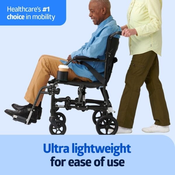 Medline Ultra Lightweight Transport Wheelchair for Adults, Foldable, 19-Inch Seat Width, Black Frame, Black Upholstery - Image 2
