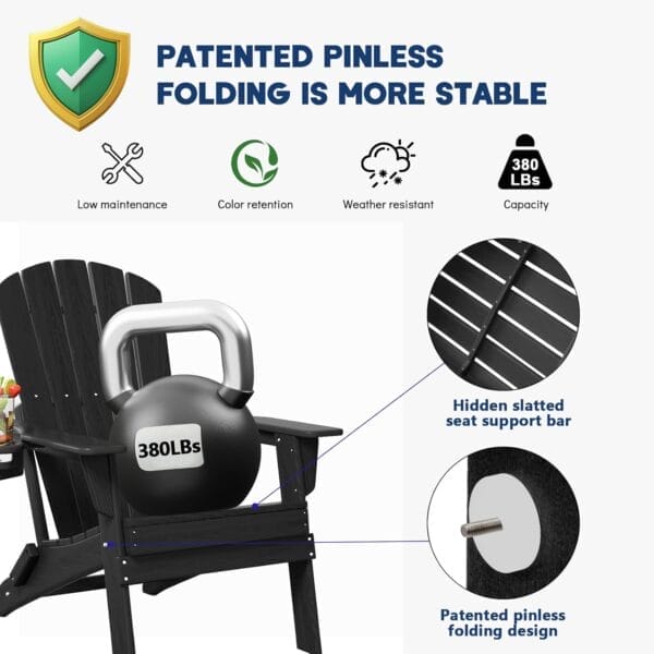 Folding Adirondack Chair, SGS Tested, Wooden Textured with Cup Holder, Heavy All-Weather HDPE Comfortable Set Poolside Backyard Lawn Black - Image 8