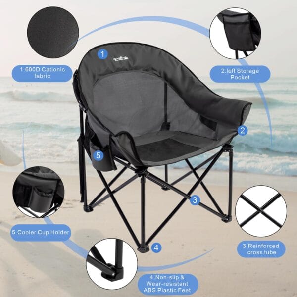 apollo walker Oversized Camping Chair - Heavy Duty XL Padded Camping Chairs with Breathable Mesh, Portable Folding Outdoor Chairs for Adults, Beach Chair with Cup Holder & Side Pocket, Supports 500lbs - Image 5