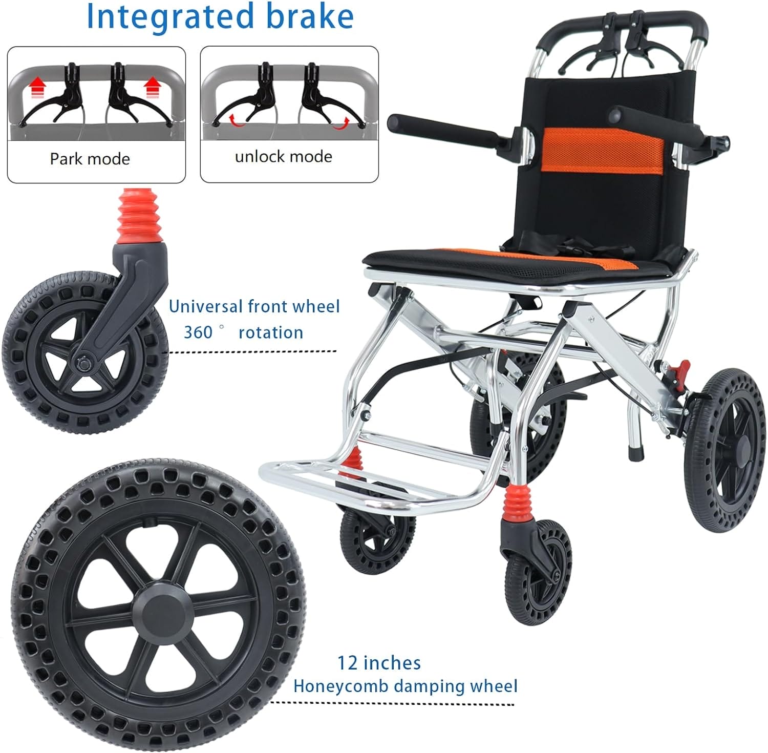 Portable Folding Wheelchair, Travel with handbrake, Ultra-Light Wheelchair for The Elderly and Children (with Bag) (12 inch PU Rear Wheel) - Image 3