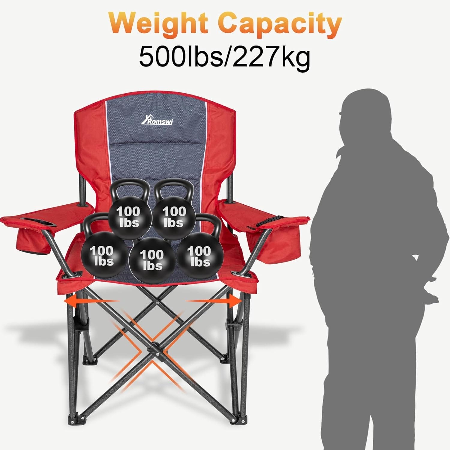 Romswi Oversized Camping Chairs,Heavy Duty Support 500 LBS,Padded Back & Arm Sport Chairs, Cup Holder Cooler Bag, Collapsible Folding Chairs for Outdoor, Fishing & Garden - Image 8