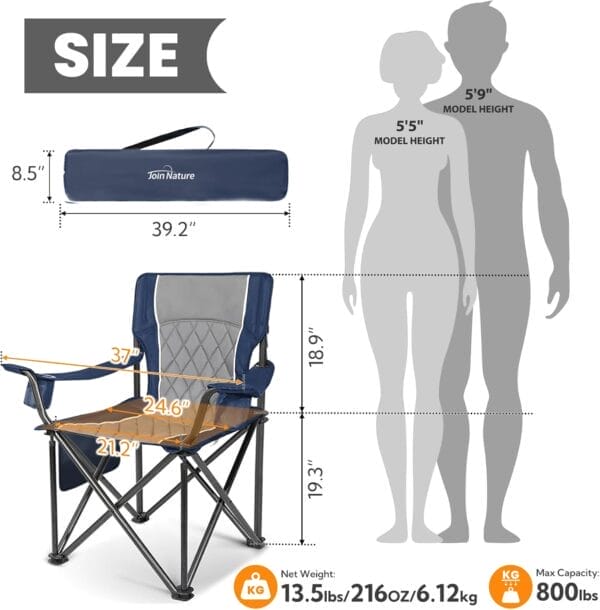 Outdoor Large Camping Chairs for Adults, Heavy Duty Camp Chair Support 800lbs, King Kong Folding Chairs with Padded and Pocket for Outside, Sports, Lawn, Built Durable and Reliable, Blue - Image 2