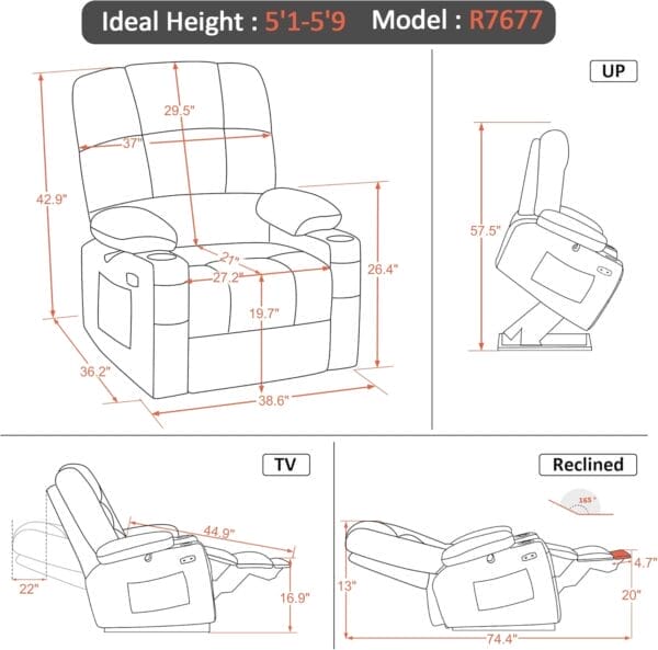 MCombo Oversized Dual Motor Power Lift Recliner Chair Sofa with Massage and Heat for Big Elderly People, Infinite Position, USB Ports, Faux Leather R7677 (Dark Grey, Medium-Oversize) - Image 3