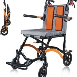 Ultra Lightweight Wheelchairs for Adults 19lbs - Foldable Transport Chair with Safety Belt, Storage Bag & 270° Flip Armrests, 220lbs Capacity, 16" Seat for Travel, Camping, Airplane (Orange)