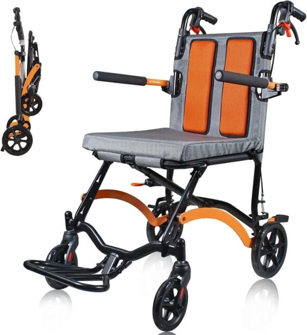 Ultra Lightweight Wheelchairs for Adults 19lbs - Foldable Transport Chair with Safety Belt, Storage Bag & 270° Flip Armrests, 220lbs Capacity, 16" Seat for Travel, Camping, Airplane (Orange)