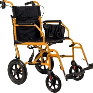 Platinum Health Hummingbird™ Ultra-Lightweight Foldable Transport Wheelchair, Handbrakes,12-Inch Rear Wheels, Extra-Wide Seat. Convenient Table-Length Padded Armrests. (Sunset Orange)