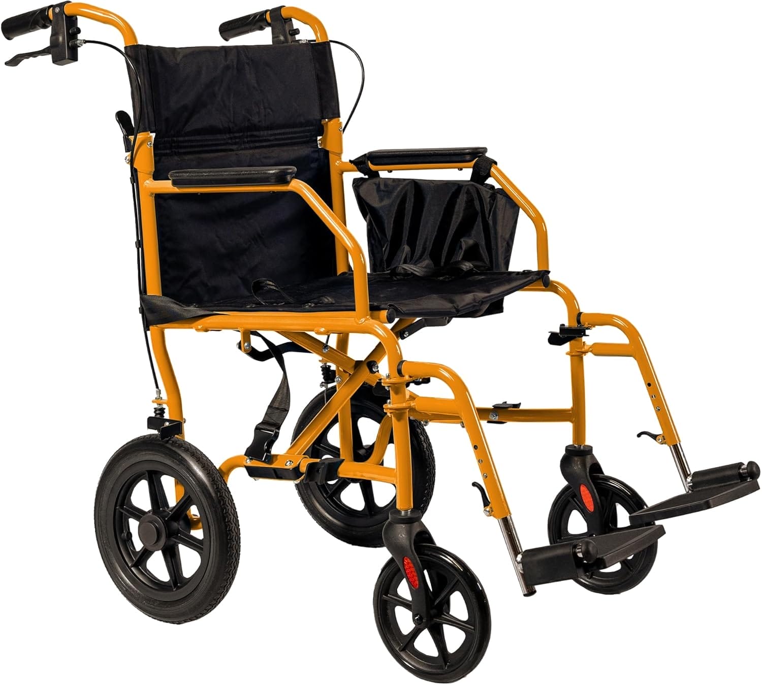 Platinum Health Hummingbird™ Ultra-Lightweight Foldable Transport Wheelchair, Handbrakes,12-Inch Rear Wheels, Extra-Wide Seat. Convenient Table-Length Padded Armrests. (Sunset Orange)
