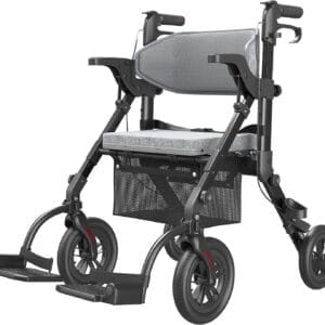 Rollator-Walkers-for-Seniors-with-Seat, Walker Wheelchair Combo, Transport-Wheelchair-Lightweight-Foldable, Adult Walkers All Terrain, 2 in 1 Rolling Walker Chair with Brakes & Pouch-2024 New