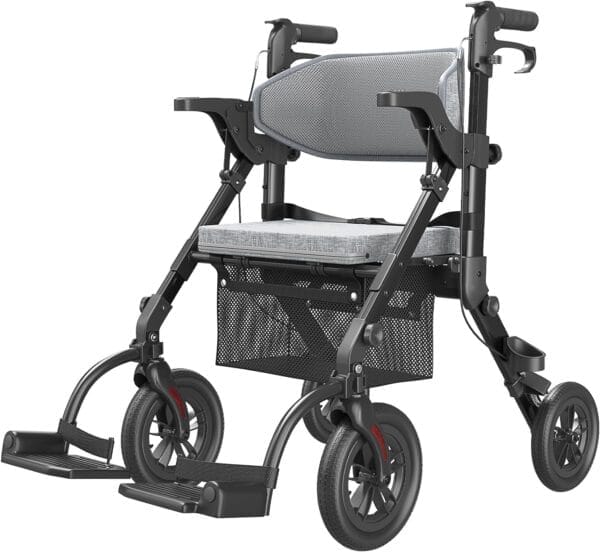 Rollator-Walkers-for-Seniors-with-Seat, Walker Wheelchair Combo, Transport-Wheelchair-Lightweight-Foldable, Adult Walkers All Terrain, 2 in 1 Rolling Walker Chair with Brakes & Pouch-2024 New