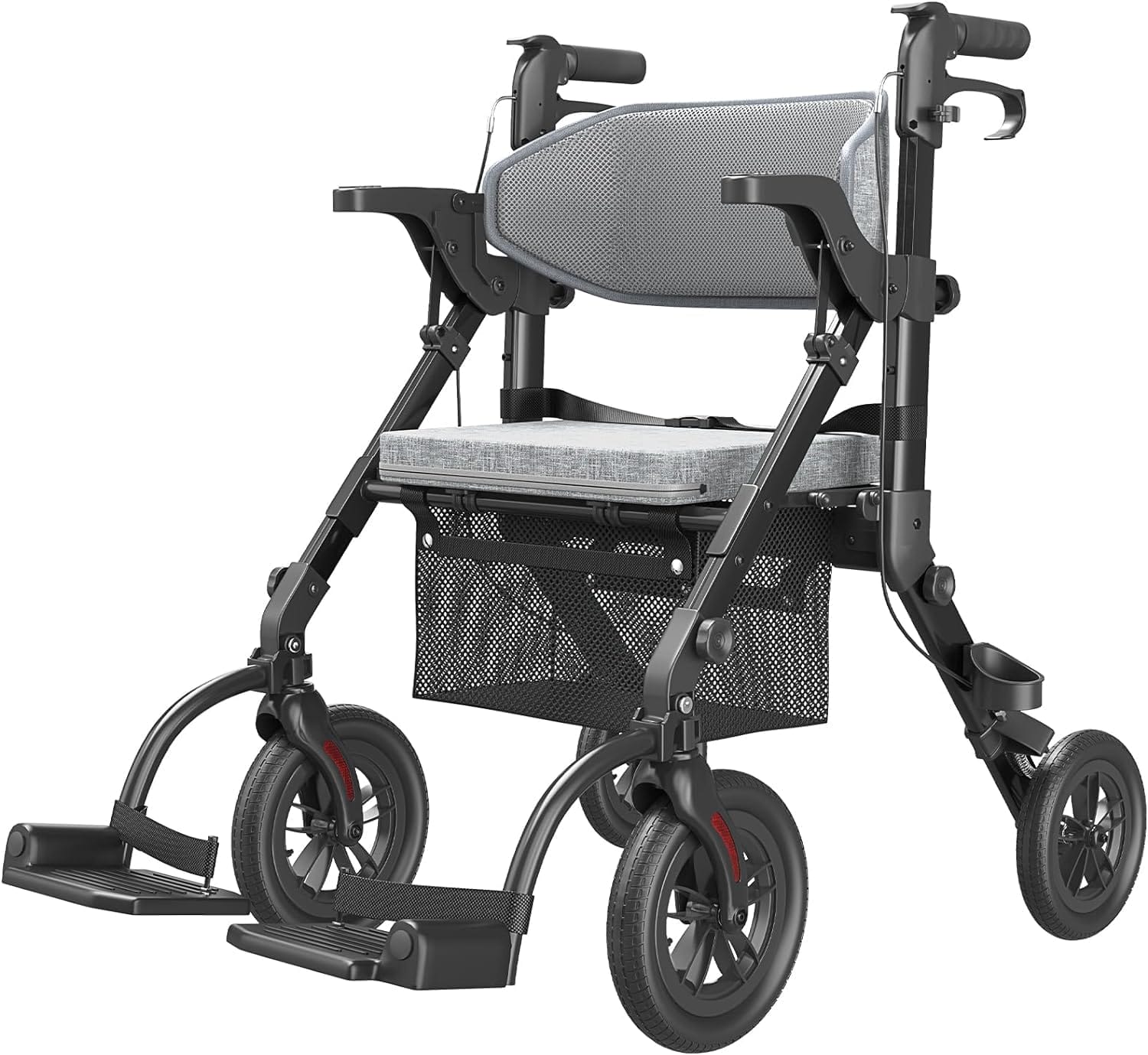 Rollator-Walkers-for-Seniors-with-Seat, Walker Wheelchair Combo, Transport-Wheelchair-Lightweight-Foldable, Adult Walkers All Terrain, 2 in 1 Rolling Walker Chair with Brakes & Pouch-2024 New