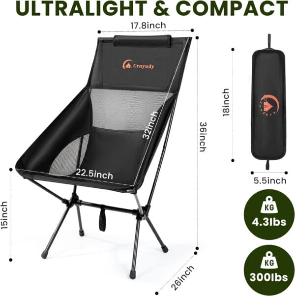 Folding High Back Camping Chair for Outside,Portable Camp Chair for Adults, Lightweight Compact with Carry Bag, for Hiking Lawn Picnic&Fishing(Black) - Image 2