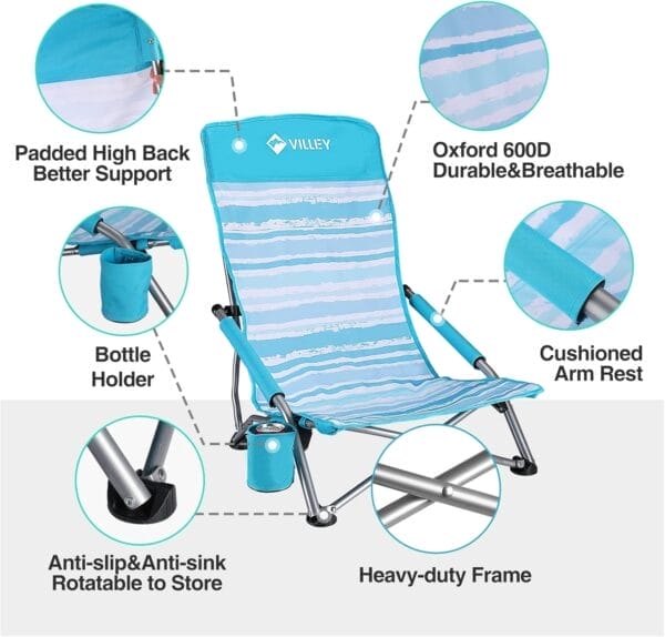 VILLEY Low Beach Chairs for Adults 2 Pack, High Back Folding Beach Chairs, Lightweight and Portable for Outdoor, Beach, Camping, Lawn, Music Festival, with Cup Holder and Carry Bag-Blue Stripes - Image 5