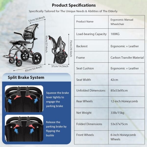 Ultra Lightweight Transport Wheelchair Foldable, Portable Travel Wheelchair for Adults Senior, with Ergonomics Comfortable Seat Cushion, Telescopic Handle for Travel - Image 7
