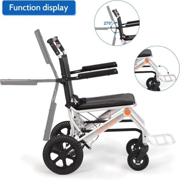 Portable Aluminum Transport Wheelchair with Handbrake, 11" Rear Wheels, Ultralight Folding Travel Wheelchair for Adults, Sliver (Seat Width:17.75") - Image 5