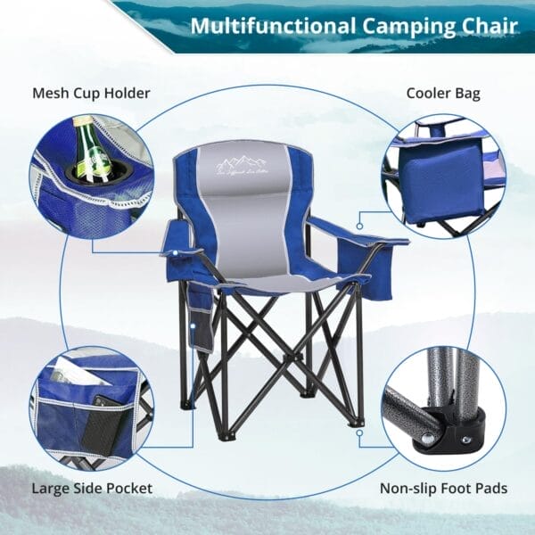 Folding Camping Chair, Heavy Duty Portable Lawn Chairs with Cooler Bag, Side Pocket & Cup Holder, Folding Chairs for Outside Support 450lbs Blue - Image 4