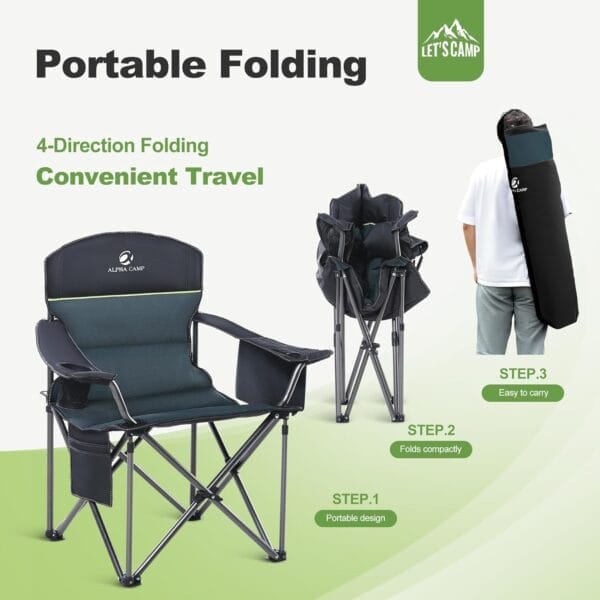 LET'S CAMP Oversized Folding Camping Chair Portable Outdoor Heavy Duty Padded Chairs Lawn Chair with Cup Holder, Storage Pocket and Cooler Bag, Supports 450LBS, for Camp, Travel, Picnic,2 Pack(Green) - Image 9
