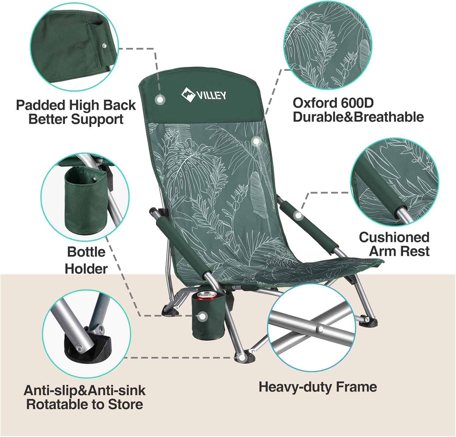 VILLEY Low Beach Chair, High Back Folding Adult Chair, Lightweight & Portable for Outdoor, Beach, Camping, Lawn, Music Festival, with Cup Holder & Carry Bag - Vintage Green Leaves - Image 5