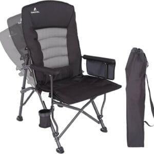 Camping Chairs for Adults, Adjustable Backrest Heavy Duty Oversized Folding Chair Supports 350lbs for Outside with Cup Holder&Side Pocket, Outdoor Folding Camp Chair Beach Chair with High Back (Black)
