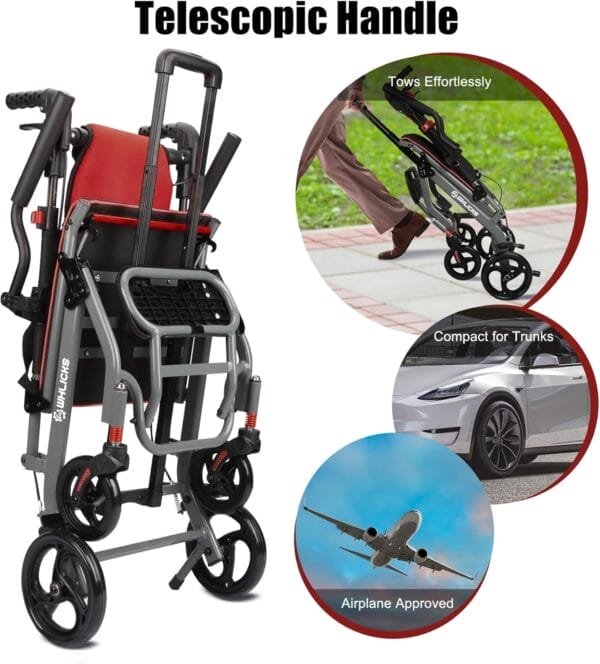 Wheelchairs for Adults Transport Chair Lightweight Foldable with Telescopic Handle, 19.4lbs Portable Folding Travel Wheel Chairs for Seniors - Red - Image 2