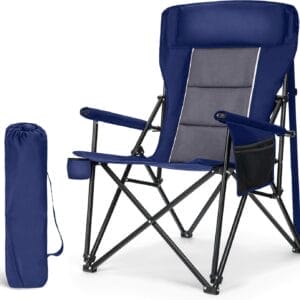 LET'S CAMP Oversized Camping Chairs 29.52" High Back Heavy Duty Lawn Chair Support 500LBS, Portable Collapsible Chair with Cup Holder, Side Pocket(Blue)