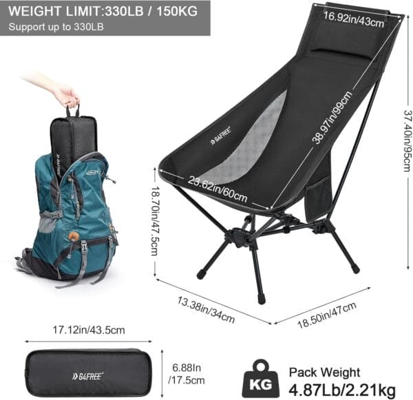 G4Free Folding Lightweight Camp Chair High Back Camping Chair Backpacking Chair Heavy Duty 330lbs with Headrest Pocket Black - Image 3