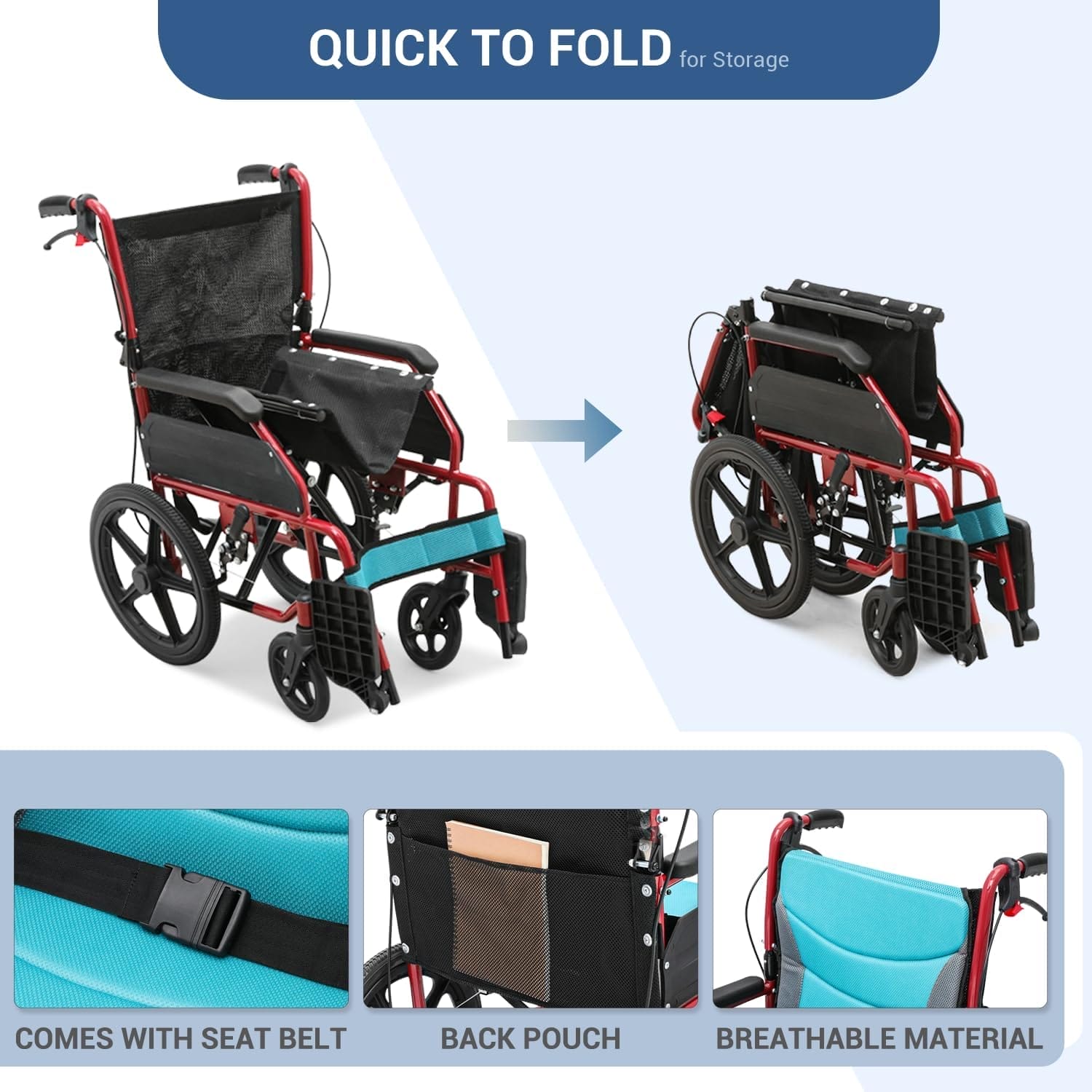 Folding Transport Wheelchair with Removable Cushion and Loop-Lock Handbrakes Wheel Chair for Adults, 17.5 inch Seat User-Friendly Lightweight Foldable Chair for Storage and Travel Use, 250lbs - Image 8