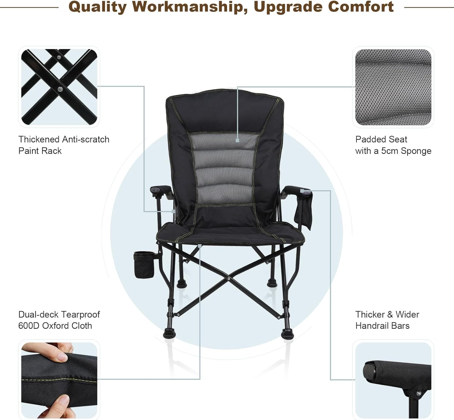 Outdoor Folding Camping Chair Heavy Duty Movable High Back Collapsible Padded Chair with Storage Bag for Outside Camping Activities, Black - Image 6