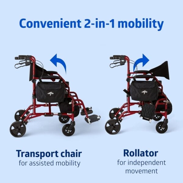 Medline Red Combination Rollator and Transport Chair, Desk-Length Arms, Swing Away Footrests, Red Frame - Image 2
