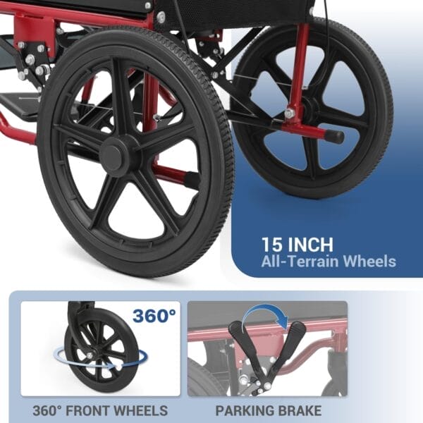 Folding Transport Wheelchair with Removable Cushion and Loop-Lock Handbrakes Wheel Chair for Adults, 17.5 inch Seat User-Friendly Lightweight Foldable Chair for Storage and Travel Use, 250lbs - Image 7