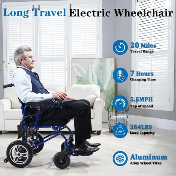 Electric Wheelchairs for Adults,20 Miles Lightweight Foldable Motorized Wheelchair Power Portable Wheelchairs - 500W Motor, Blue - Image 2