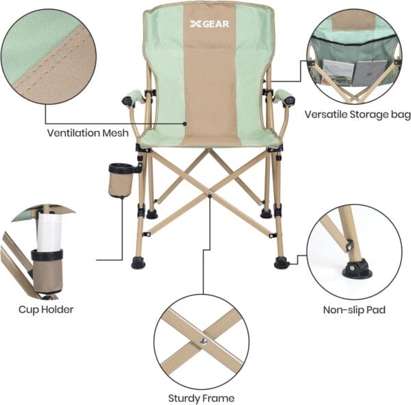 XGEAR Camping Chair Hard Arm High Back Lawn Chair Heavy Duty with Cup Holder, for Camp, Fishing, Hiking, Outdoor, Carry Bag Included - Image 4