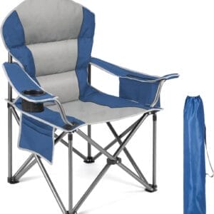 Sweetcrispy Camping Folding Chair, Heavy Duty Support - Foldable Padded Seat with Side Pockets, Cup Holder & Insulated Cooler Bag for Camping, Beach, Fishing, Outdoor Events, Bluegrey