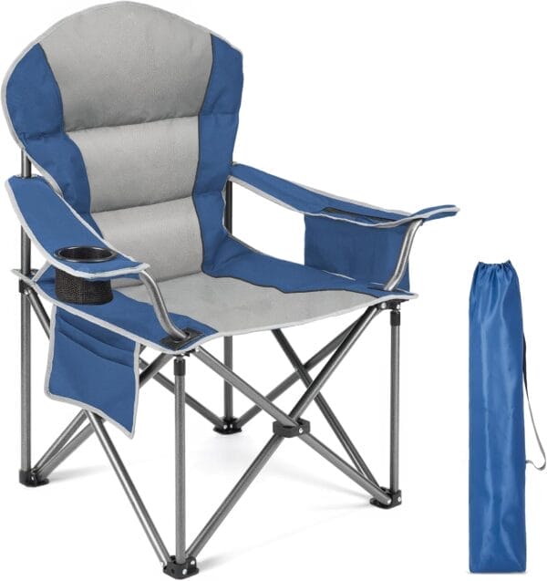 Sweetcrispy Camping Folding Chair, Heavy Duty Support - Foldable Padded Seat with Side Pockets, Cup Holder & Insulated Cooler Bag for Camping, Beach, Fishing, Outdoor Events, Bluegrey