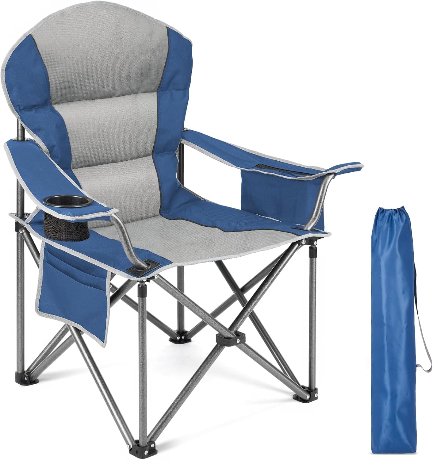 Sweetcrispy Camping Folding Chair, Heavy Duty Support - Foldable Padded Seat with Side Pockets, Cup Holder & Insulated Cooler Bag for Camping, Beach, Fishing, Outdoor Events, Bluegrey