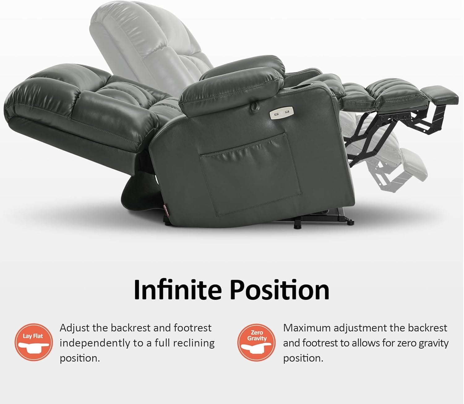 MCombo Dual Motor Power Lift Recliner Chair for Elderly, Lay Flat Lift Chair with Heat and Massage, Oversized Lift Recliner for Big and Tall, Faux Leather R7891 (Grey, Oversized) - Image 7