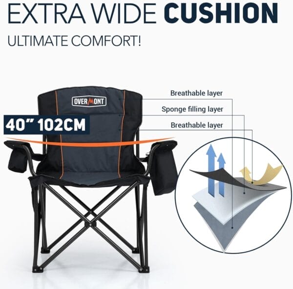 Overmont Oversized Folding Camping Chair - 450lbs Support with Padded Cushion Cooler Pockets - Heavy Duty Collapsible Chairs for Sports Garden Beach Fishing - Image 6