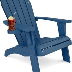 YEFU Oversized Adirondack Chair with Cup-Holder,Plastic Outdoor Fire Pit Chair, Weather Resistant, Poly Lumber Chair, Used in Patio, Lawn, Deck,Heavty Duty,Weight Capacity 400lbs-Navy Blue