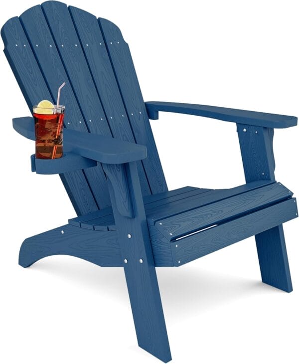 YEFU Oversized Adirondack Chair with Cup-Holder,Plastic Outdoor Fire Pit Chair, Weather Resistant, Poly Lumber Chair, Used in Patio, Lawn, Deck,Heavty Duty,Weight Capacity 400lbs-Navy Blue