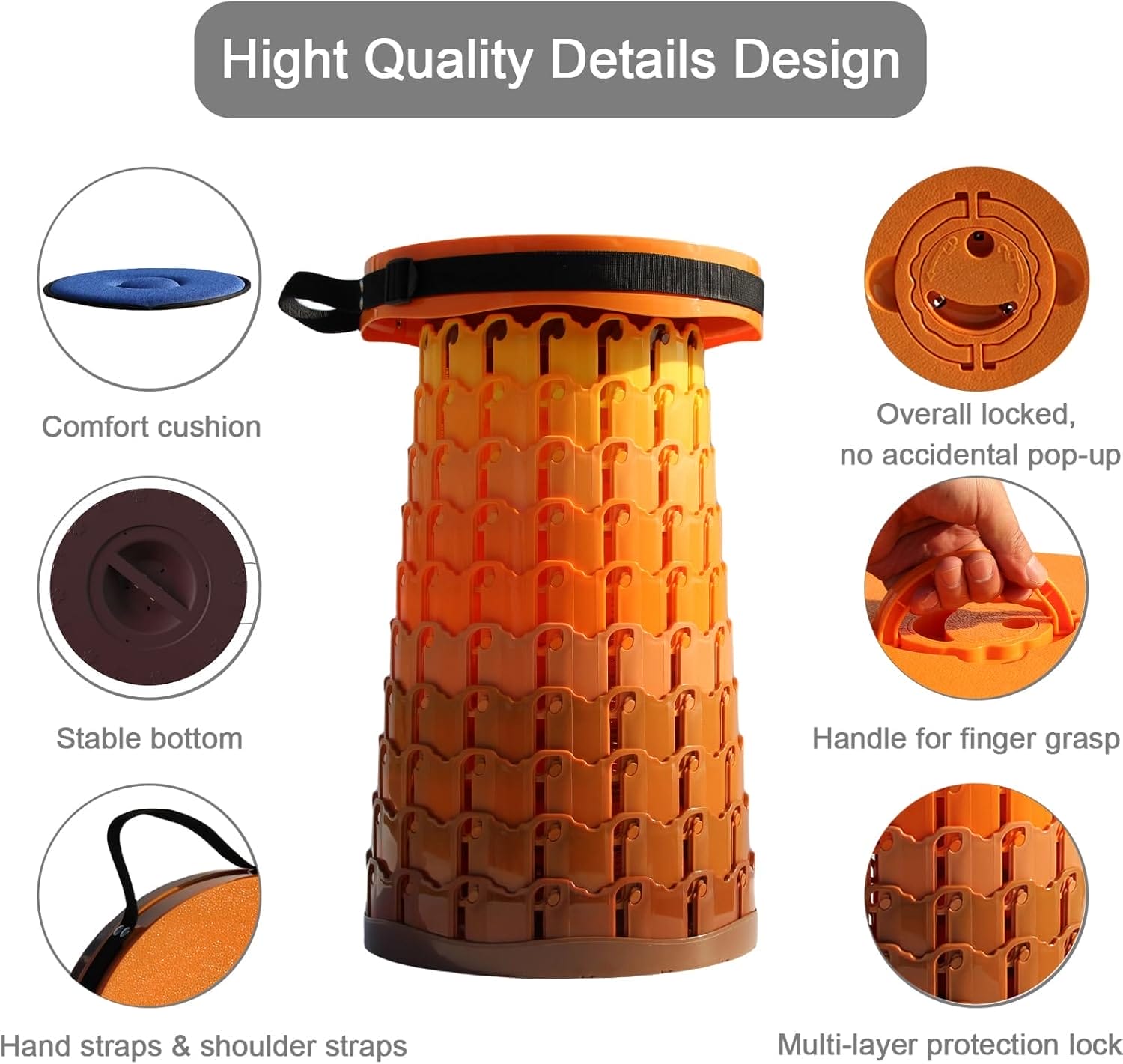 Upgraded XXL Collapsible Stool with Cushion,19.7"H-11.8"D Telescoping Folding Stool for Adults,More Sturdy Portable Camping Stools with Load Capacity 1000lbs for Outdoor,Garden,Fishing,Hiking - Image 4