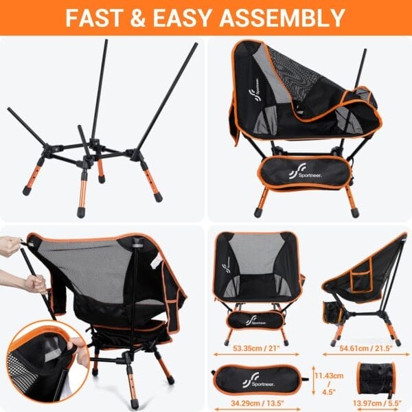 Sportneer Camping Chairs: 3 Heights Adjustable Folding Chairs for Outside with 2 Side Pockets - Compact & Portable Lawn Chairs for Backpacking, Camping, Hiking, Picnic and Travel (2, Orange) - Image 4