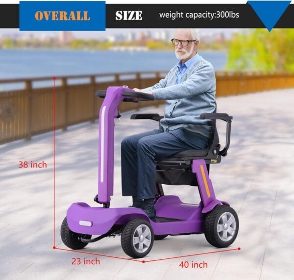 Foldable Mobility Scooter for Adults & Senior, 4 Wheels Powered Device for Travel, Lightweight and Portable, with LED Strip Light, Storage Bag, Charger Included, No Assemble Required (Purple) - Image 6